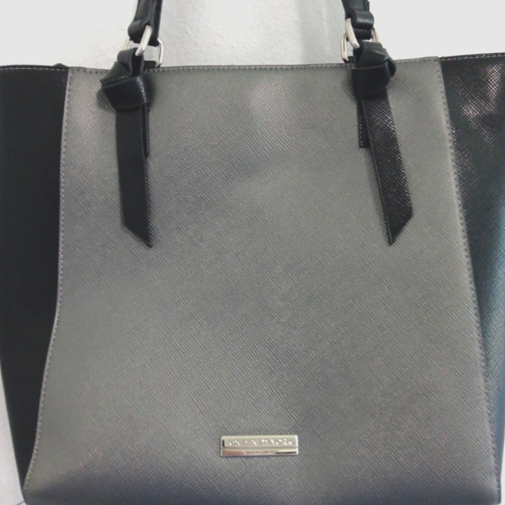 Jones New York SIGNATURE  Black Pebble Faux Leather Satchel Tote Bag Silver Chic - Picture 2 of 12
